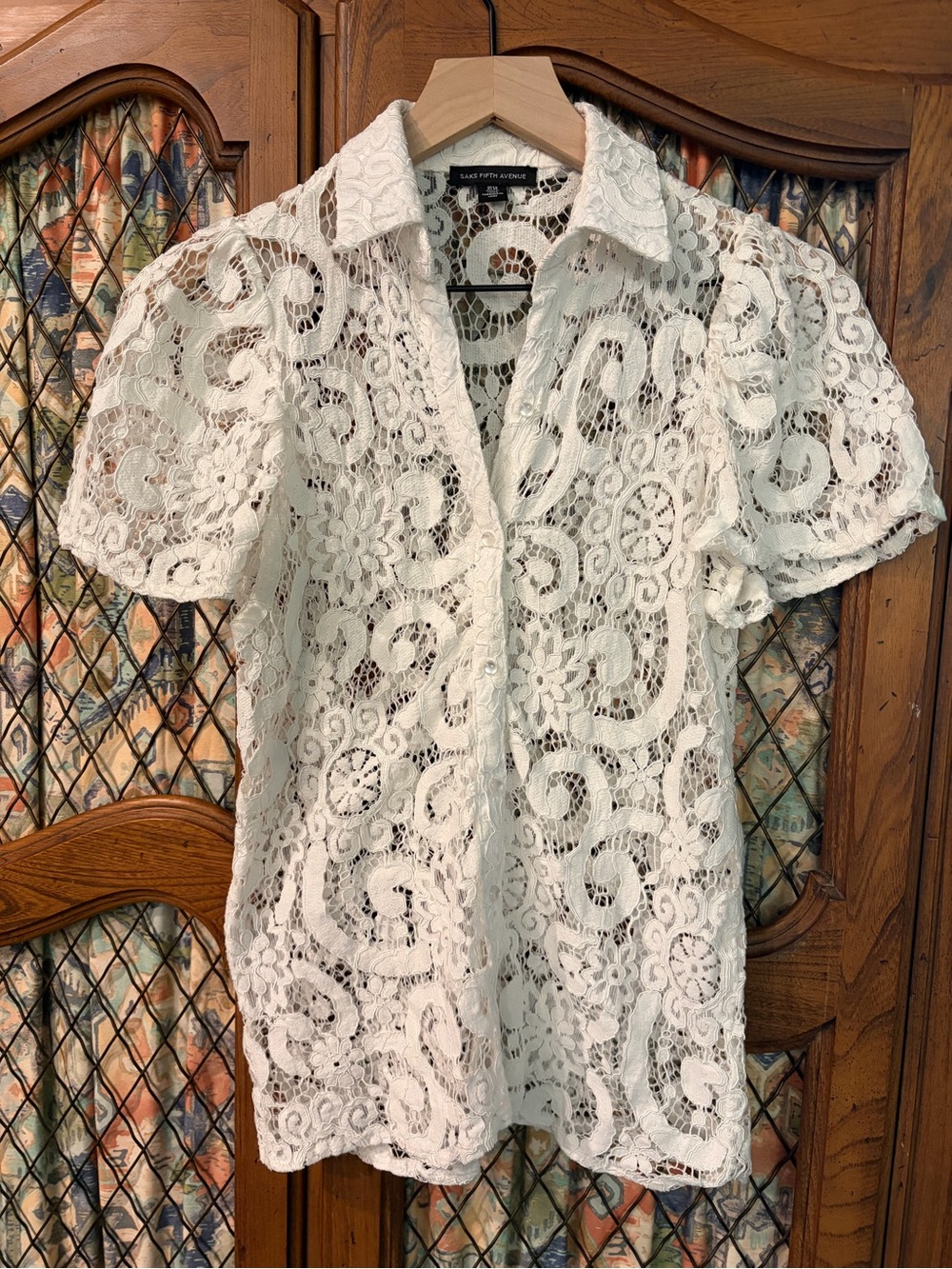 Saks Fifth Avenue White Short-Sleeve Lace Button Front Top